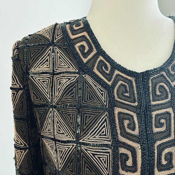 Hand-Beaded Black & Bronze Silk Geometric Jacket w/ Greek Key Borders – US XS/S - Picture 3 of 10